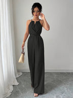 Women's Spring/Summer Casual Pleated Strappy Twist-Waist Maxi Jumpsuit - Black