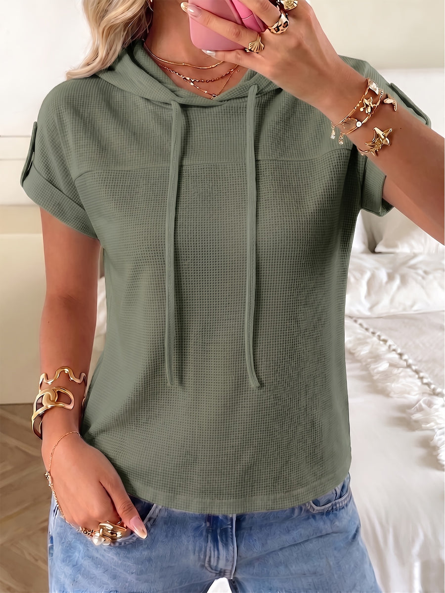 2026 New Women's Hoodie with Waffle Fabric Patchwork, Short Sleeves, Decorative Buttons, and Hood - Olive Green