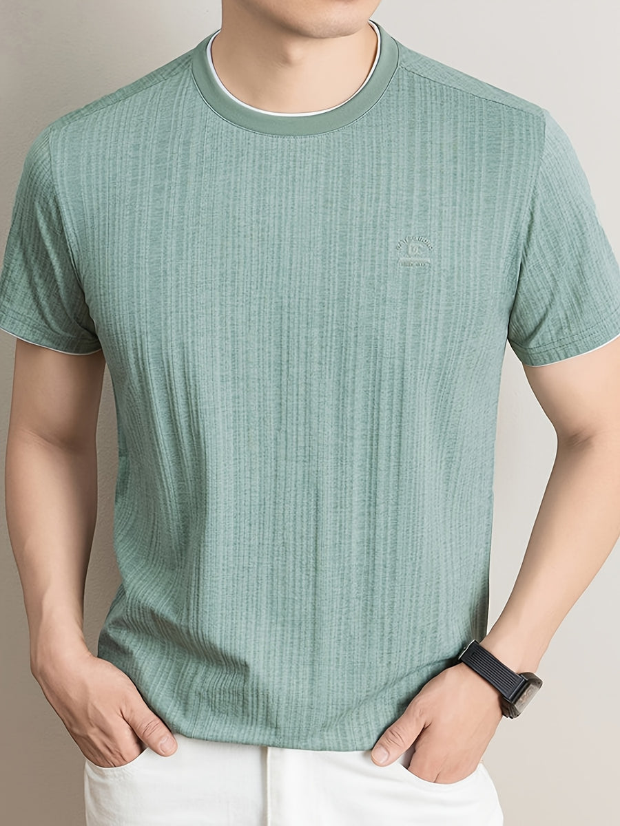 Summer New Men'S T-Shirt, Fashionable Trendy Faux Two-Piece Round Neck Short Sleeve T-Shirt for Men, Business Casual Mid-Age Men'S Solid Color Top, Suitable for Daily Work Scenarios, Men'S Gift - Green