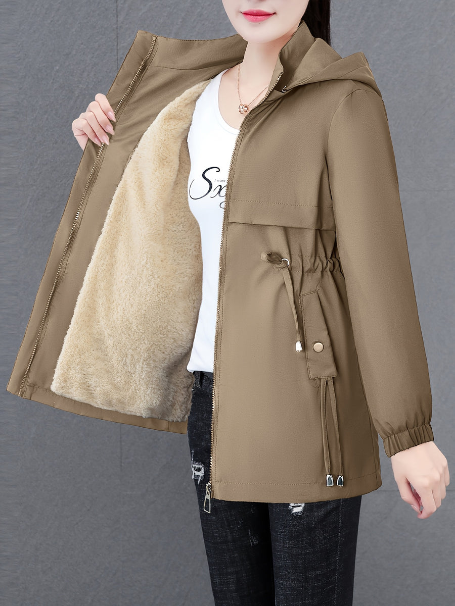 Women'S Fall Winter Fleece-Lined Thick Trench Coat, Warm Top Outerwear for Autumn Winter Season, Drawstring Waist Design, Elastic Windproof Cuffs, Easy Comfortable Lightweight Coat - Khaki