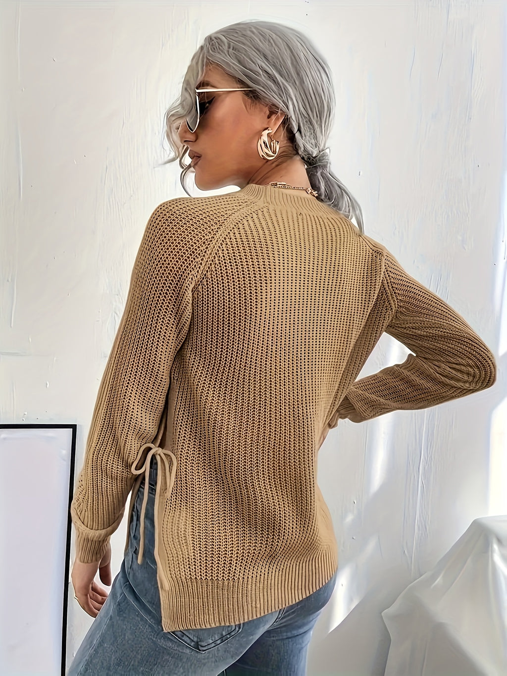 Women's Slim Fit High Elasticity Long-Sleeve Top. Details: Slit Hem Bow Design Knitted - Ribbed Crew Neck Elegant Women's Wear for Autumn/Winter, Casual Everyday Semi-Formal Mustard Yellow Machine-Washable 100% Solid Versatile Base Layer Shirt - Camel