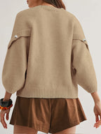 Women'S Round Neck Batwing Sleeve Pullover Sweater, Autumn Casual Regular Soft Solid Short Length 3/4 Sleeve Top, Side Slit Button Detail Daily Commute Base Layer (Prefer Loose Fit, Recommended Size Up) - Light Camel
