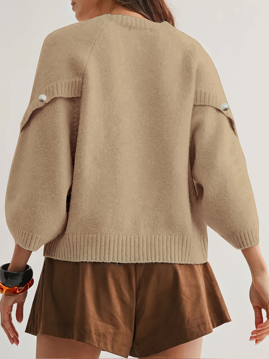 Women'S Round Neck Batwing Sleeve Pullover Sweater, Autumn Casual Regular Soft Solid Short Length 3/4 Sleeve Top, Side Slit Button Detail Daily Commute Base Layer (Prefer Loose Fit, Recommended Size Up) - Light Camel