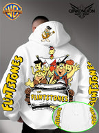 Warner Official Men's Hoodie, Stone Age Family Travel Happy Nostalgic Print Design, Machine Washable, Warm and Casual for Autumn and Winter Daily Drawstring Hoodie, Multi Functional Sports and Leisure Loose Fit - White