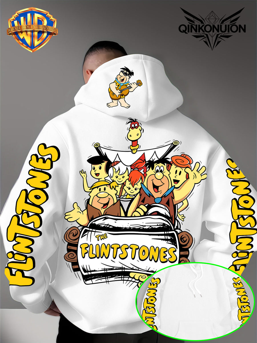 Warner Official Men's Hoodie, Stone Age Family Travel Happy Nostalgic Print Design, Machine Washable, Warm and Casual for Autumn and Winter Daily Drawstring Hoodie, Multi Functional Sports and Leisure Loose Fit - White