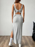 Women'S Fashion Backless Slit Dress - Grey