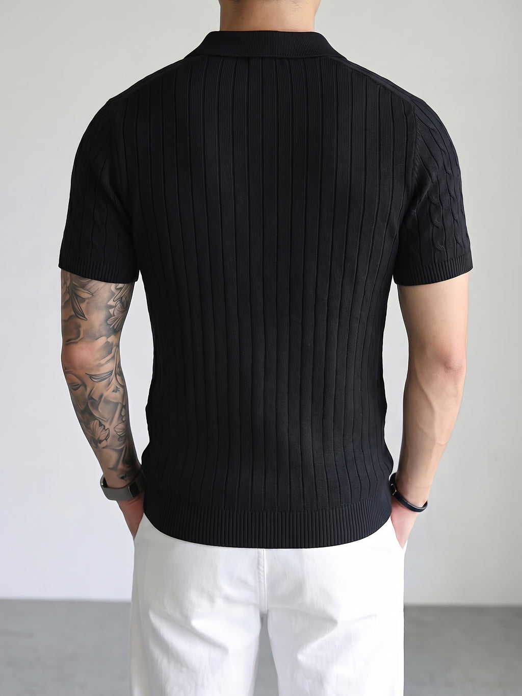 Short-Sleeved Knitted Shirt 2026 Spring/Summer New Product Cable Knit Lapel Slimming Pullover Top, Vertical Stripe Heavy-Duty Twist Slimming Pattern, Light Luxury Business High-Quality Style, Fashionable, Easy And Handsome, Precise Workmanship - Black
