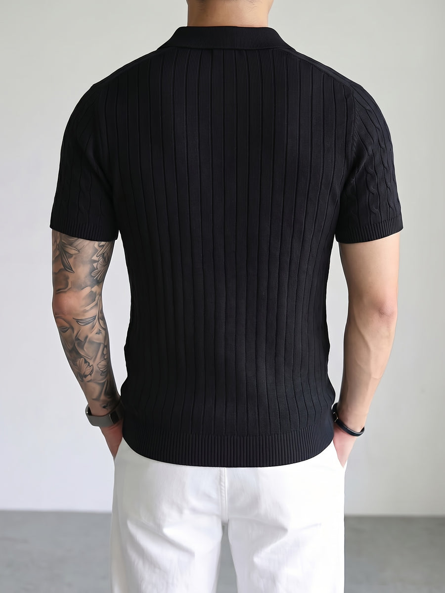 Short-Sleeved Knitted Shirt 2026 Spring/Summer New Product Cable Knit Lapel Slimming Pullover Top, Vertical Stripe Heavy-Duty Twist Slimming Pattern, Light Luxury Business High-Quality Style, Fashionable, Easy And Handsome, Precise Workmanship - Black