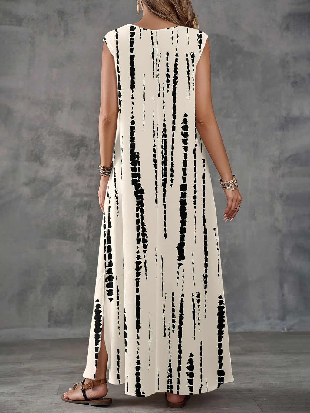 Women's Casual Minimalist Geometric Print Dress, Suitable for Spring/Summer Vacation Wear, Summer Dress - Milky