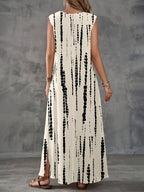 Women's Casual Minimalist Geometric Print Dress, Suitable for Spring/Summer Vacation Wear, Summer Dress - Milky