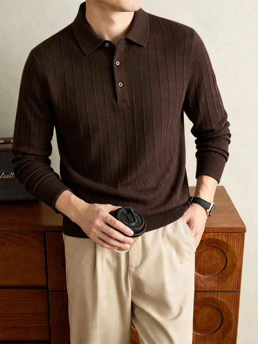 Autumn Winter Knit 3D Solid Color Lapel Sweater, Basic Knit Pullover Top for Men, Fashionable Long Sleeve Sweater HJ - Coffee