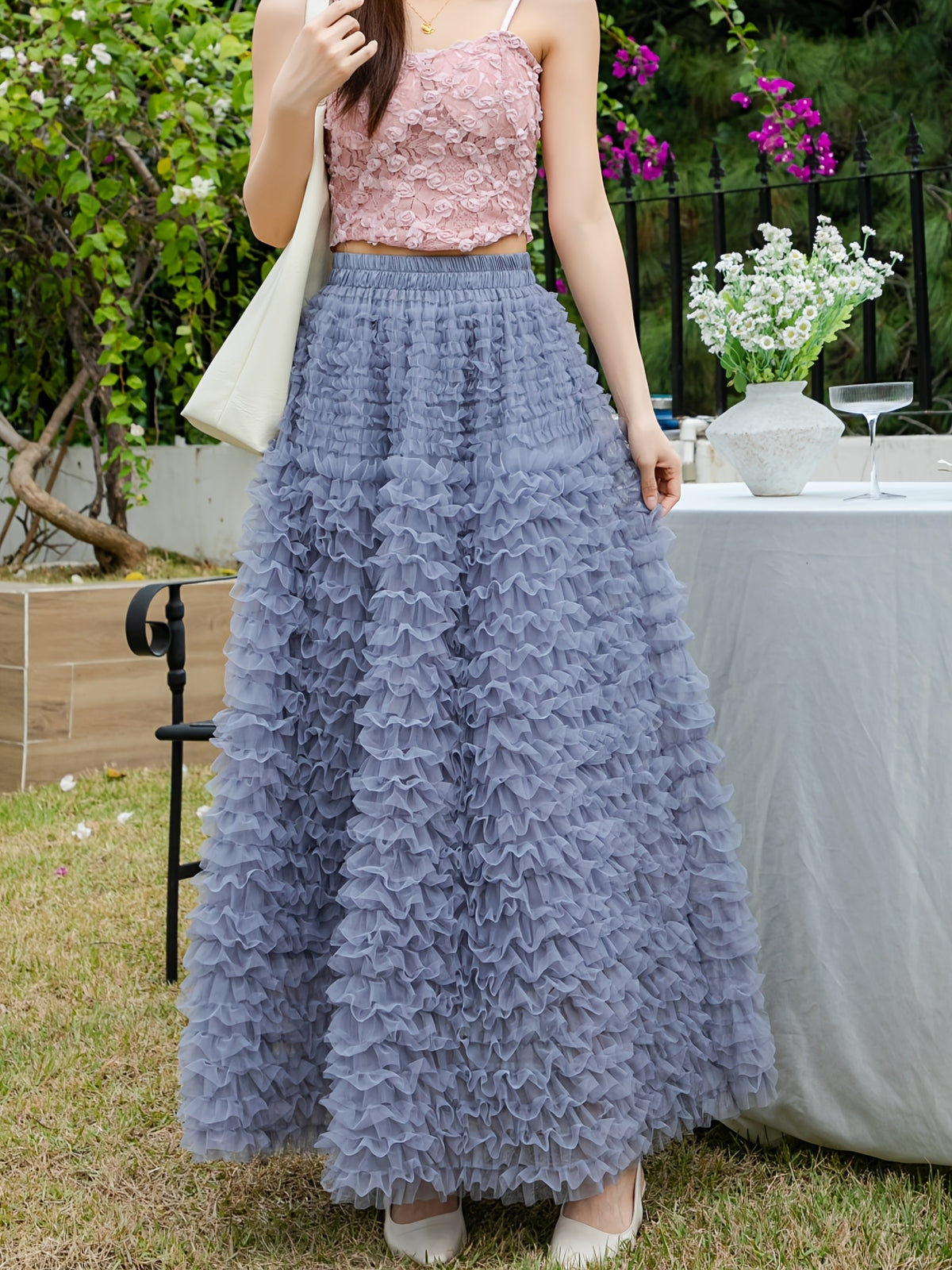 Korean-style Design-inspired Heavy-duty High-end Gray Long Multi-layered Mesh Flared Skirt, New Autumn/winter French-style Elegant Party Skirt, High-waisted Loose Beach Vacation Cake Skirt, Suitable for Daily Wear and Weddings - Advanced Gray