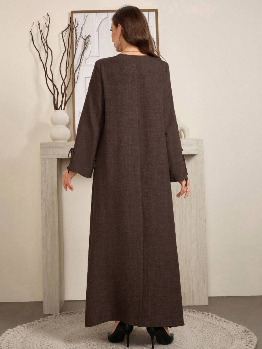 Women'S Elegant, Loose And Comfortable, Bow Tie, Bamboo Knot Dress, Long Women'S Clothing - Dark Brown