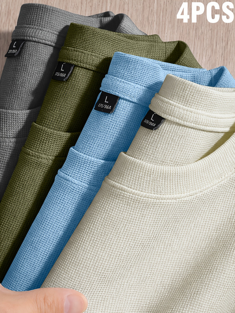 Versatile Summer Casual Small Waffle Grid Cool Short-Sleeved T-Shirt 4pcs Set - Apricot+Light Blue+Army Green+Medium Gray