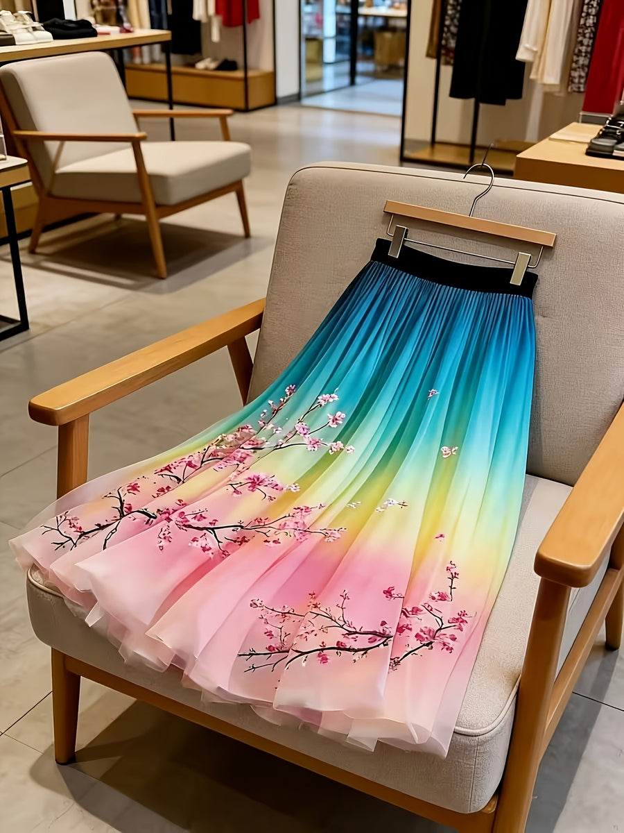 Spring/Summer Women's Elegant Gradient Color Printed Midi A-Line Skirt with Layered Chiffon Overlay, Elegant Style Skirt for Daily Wear, Vacation Outings, and Travel, Suitable for All Seasons, Ideal for Both Casual and Formal Attire - Gradient