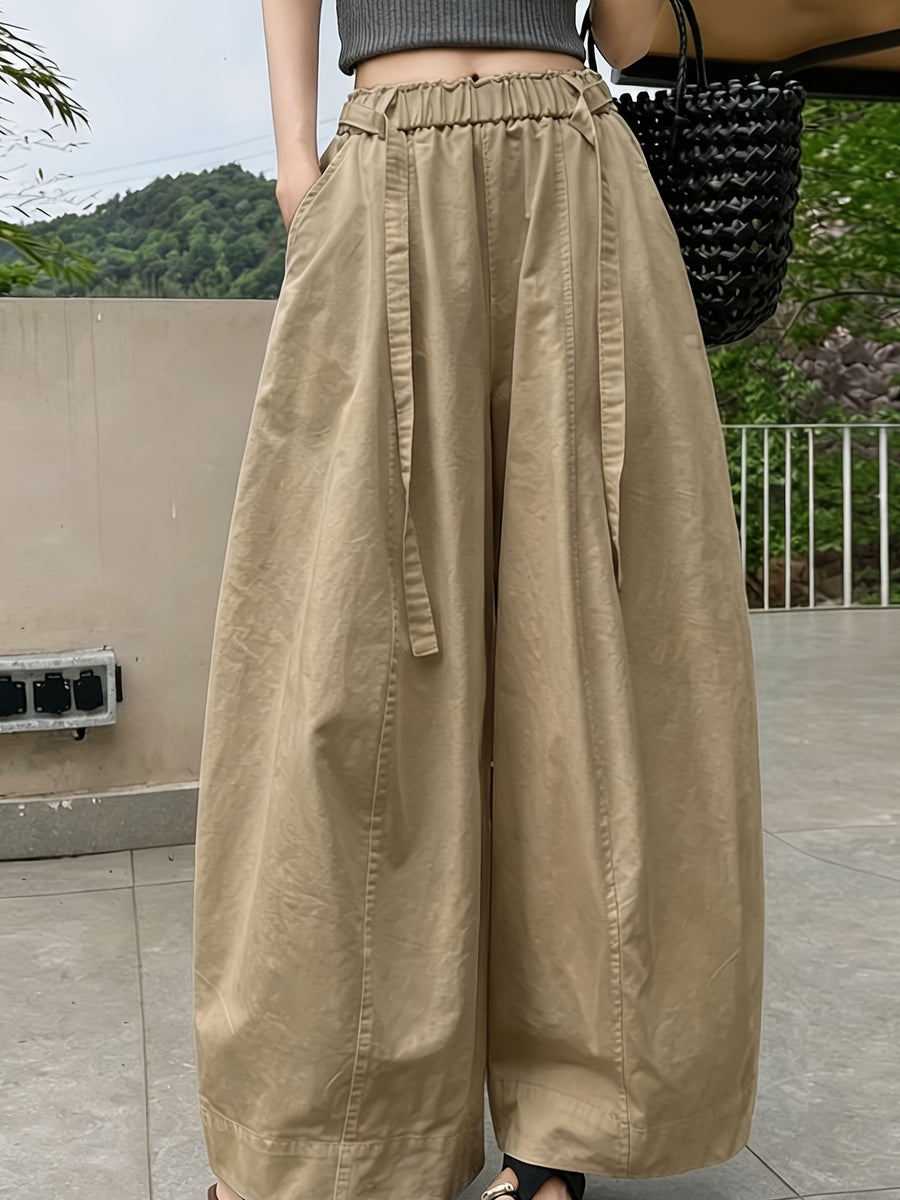 Western Style Summer High-Waist Wide-Leg Pants Women'S Loose Straight Casual Trousers Drape Elastic Waist Vacation Beach Pants Lazy Style Streetwear Inclusive XS to L Size Daily Commute Home Style Breathable Thin Texture Western Trendy Style Outdoor - Khaki