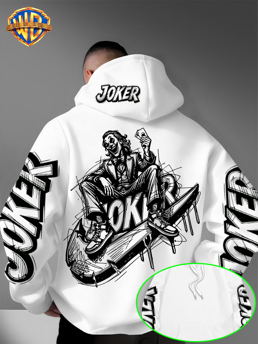 Authorized by Warner Bros., Joker Graffiti Style Print, Hat Design Pattern, Multi-Functional Street Style Men'S Hoodie, Comfortable Casual, Suitable for Autumn And Winter - White