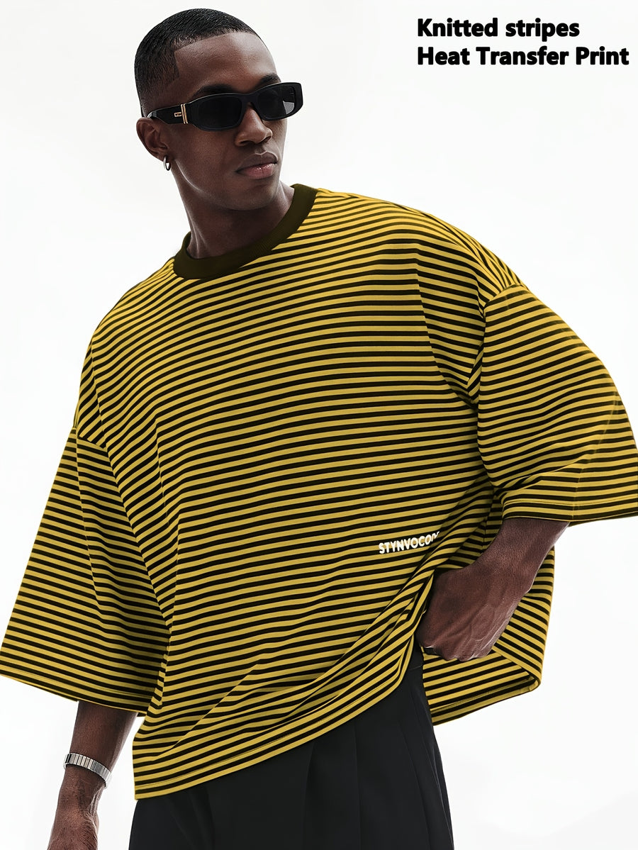 Summer Striped Cropped Loose-Fit Crew Neck T-Shirt, Men's Drop-Shoulder Simple Versatile Casual Top, Machine Washable - Multicolor