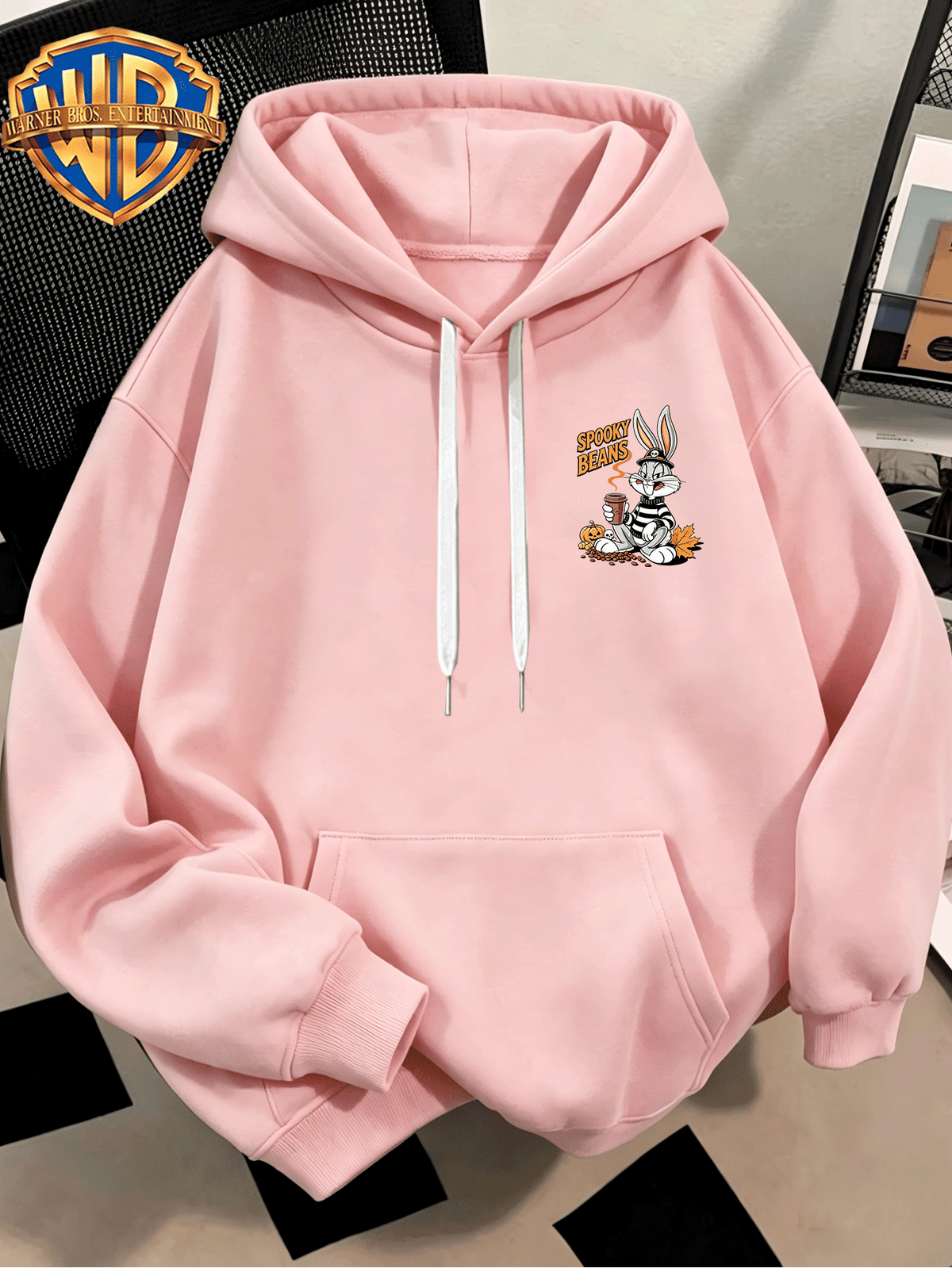 Fashion Hip Hop Print Fashion Brand Casual Versatile Sports Drawstring Pocket Hooded Men'S Sweater, Men'S Autumn And Winter Cute Casual Style, Sports Style Fashion Loose Hoodie, Daily Casual Wear - Pink Color