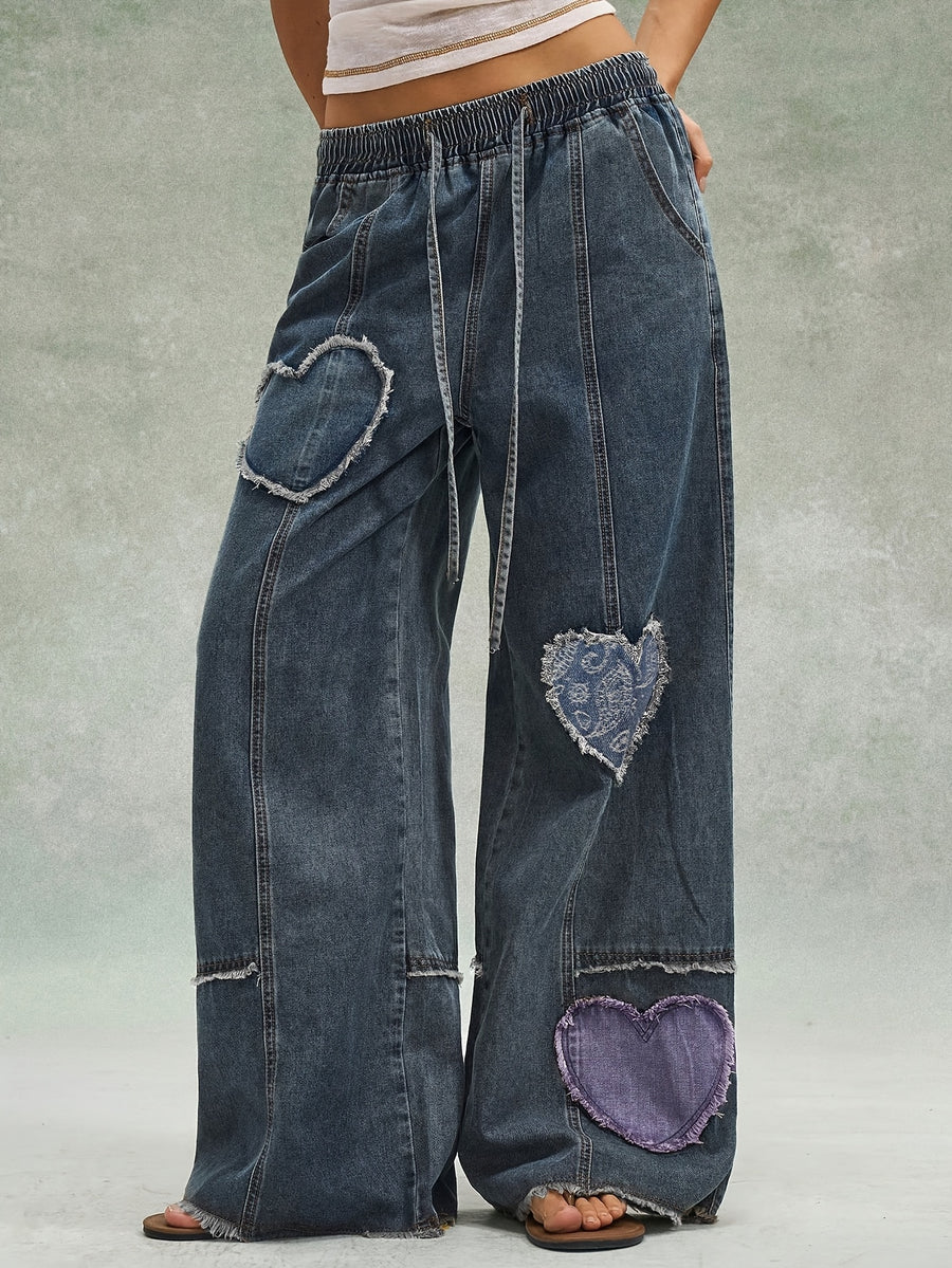Vintage Distressed Heart Patch Denim Pants with Elastic Drawstring Waist, Raw-hem Patchwork, Wide-leg Versatile Casual Trousers - Medium Blue
