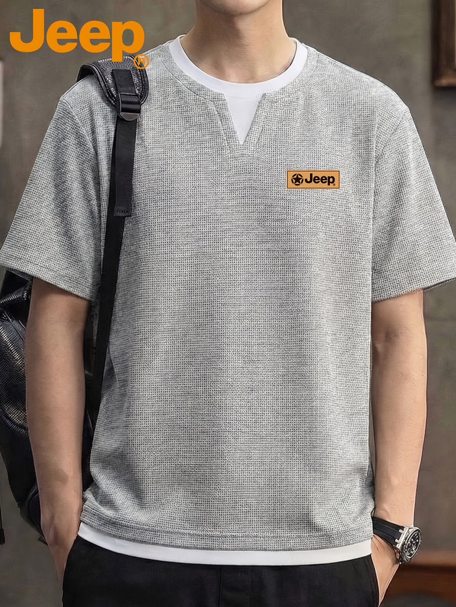 JEEP Men's Summer Waffle Knit 2-in-1 Look Short Sleeve T-Shirt - Grey