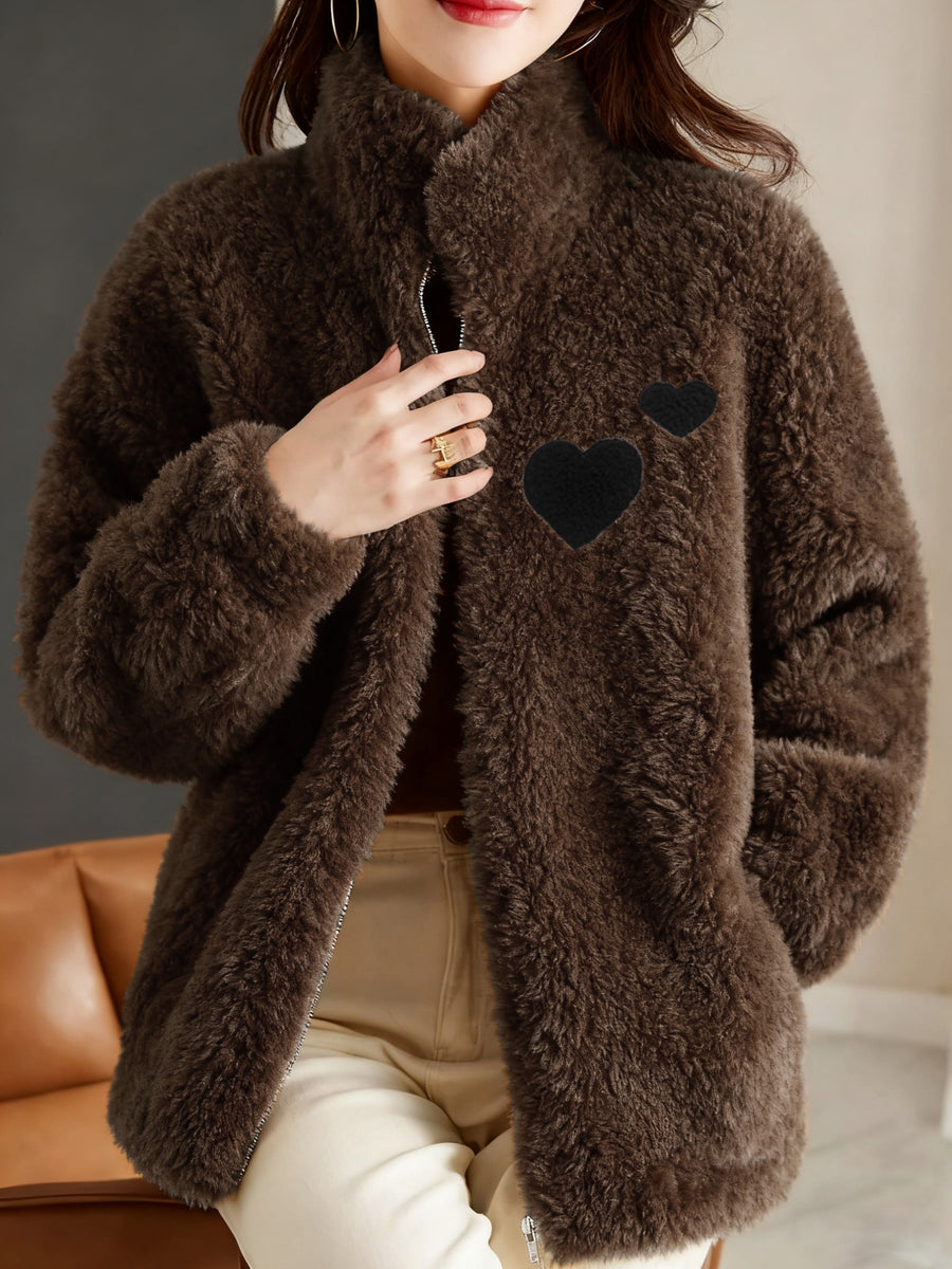 Solid Color Zipper Plush Jacket - Dark Brown