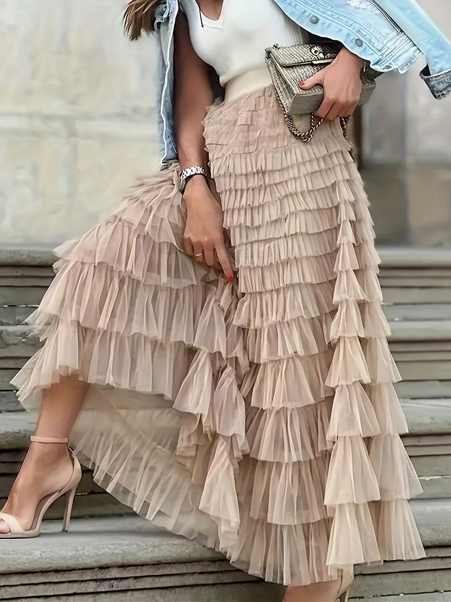 Elegant Mesh Long Cake Skirt with Elastic Waist - Apricot