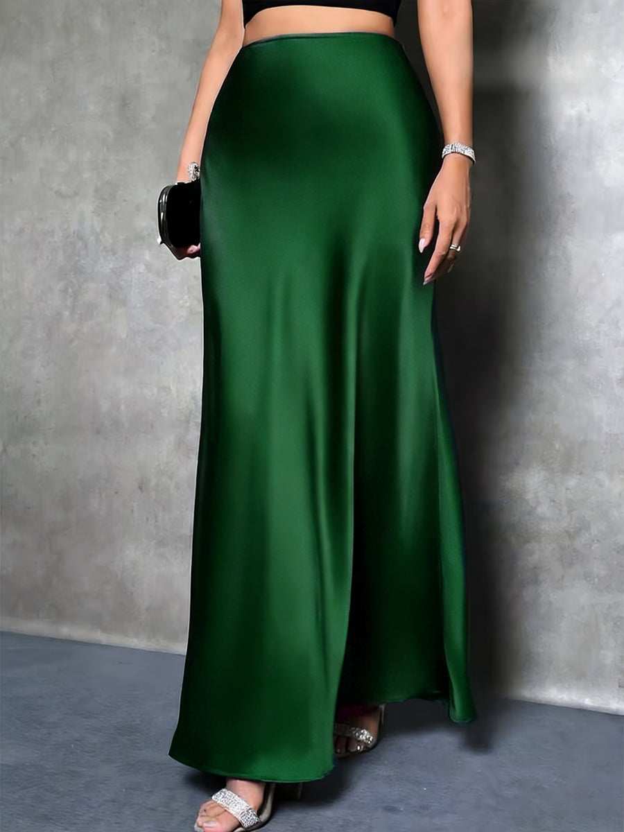 Women'S Elegant Slit Maxi Skirt - Satin Texture Christmas & Valentine'S Day Date Outfit, Suitable for Winter Holiday Parties & Office, Machine-Washable Luxury Design, High-End And Temperament-Enhancing with Festive Charm - Green