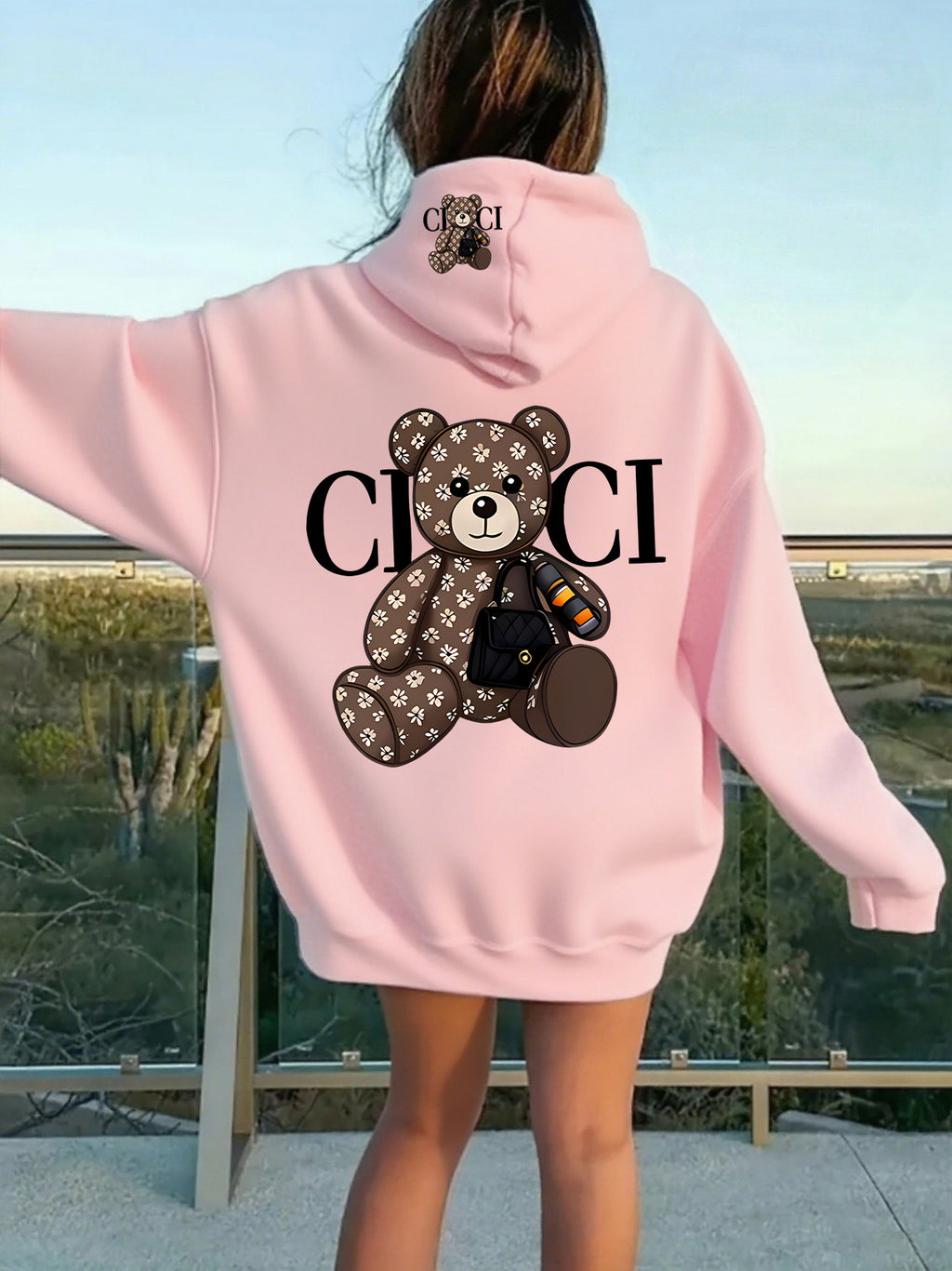 Women Hoodie Sweatshirt, Retro Floral Bear Letter Graphic Pullover Top, Casual Loose Fit Trendy Cartoon Hooded Sweatshirt, S-XXL - Pink Color