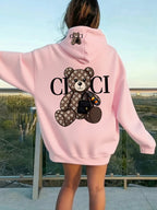 Women Hoodie Sweatshirt, Retro Floral Bear Letter Graphic Pullover Top, Casual Loose Fit Trendy Cartoon Hooded Sweatshirt, S-XXL - Pink Color