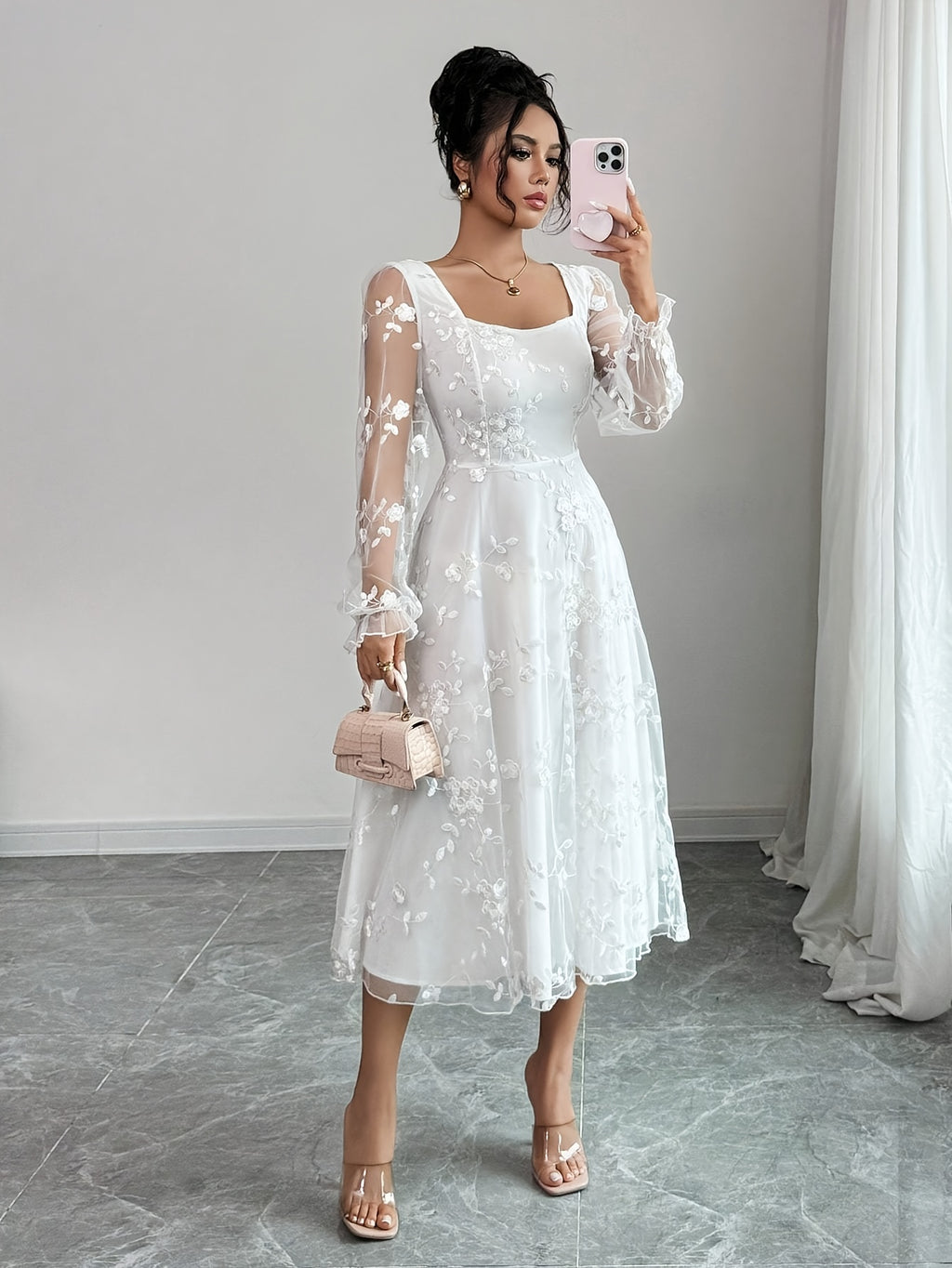 Women'S Elegant Mesh Embroidered Fabric Long Sleeve Bridesmaid Dress - White