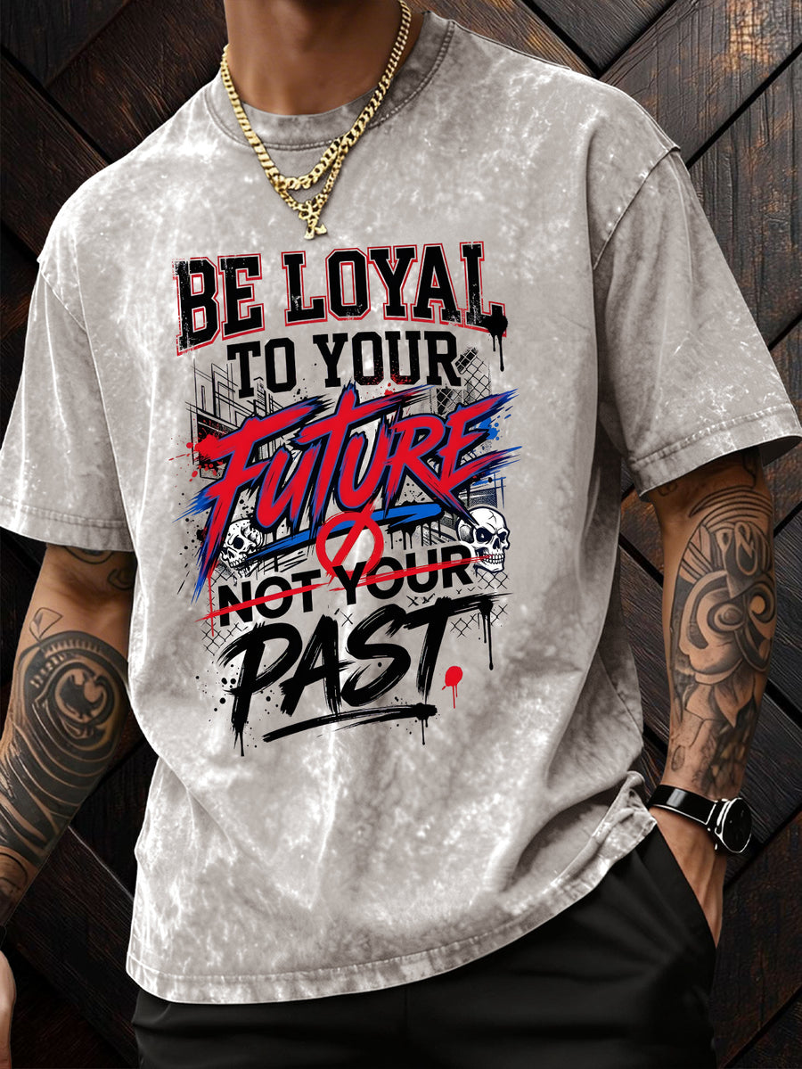 American-Style Washed Vintage Skull Graphic T-Shirt, Dark High Street Fashion Short Sleeves, Loose Fit with Motivational Slogans for Men - Apricot