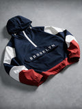 Men's American Streetwear Color-Block Half-Zip Hooded Jacket with Stand Collar & Letter Embroidery - Zippered Pullover Sweatshirt Suitable for Urban Fashion, Machine Washable, Casual Outerwear - Navy blue color
