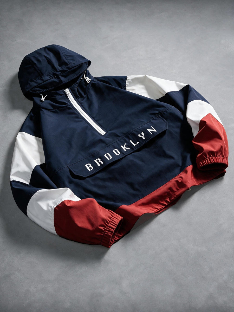 Men's American Streetwear Color-Block Half-Zip Hooded Jacket with Stand Collar & Letter Embroidery - Zippered Pullover Sweatshirt Suitable for Urban Fashion, Machine Washable, Casual Outerwear - Navy blue color