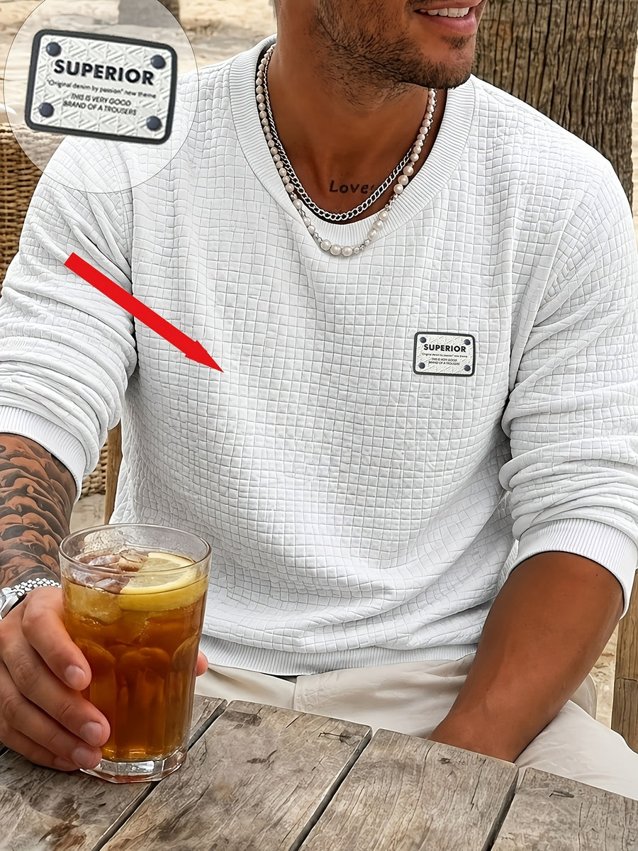 Men'S Waffle Knit Sweatshirt, Crew Neck Long Sleeve Pullover, Textured Grid Fabric, Casual Outdoor Hiking Ski Travel Camping Workout Training Streetwear Fashion Daily Wear Relaxed Fit Winter Autumn Clothing, Navy Blue - White