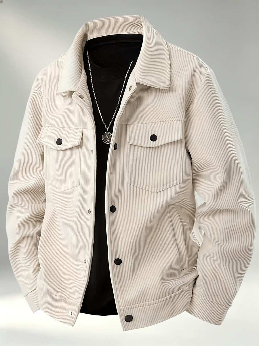 Men'S Trendy Corduroy Lapel Cargo Jacket Solid Vertical Texture Casual Long Sleeve Jacket Commuter Top - Apricot