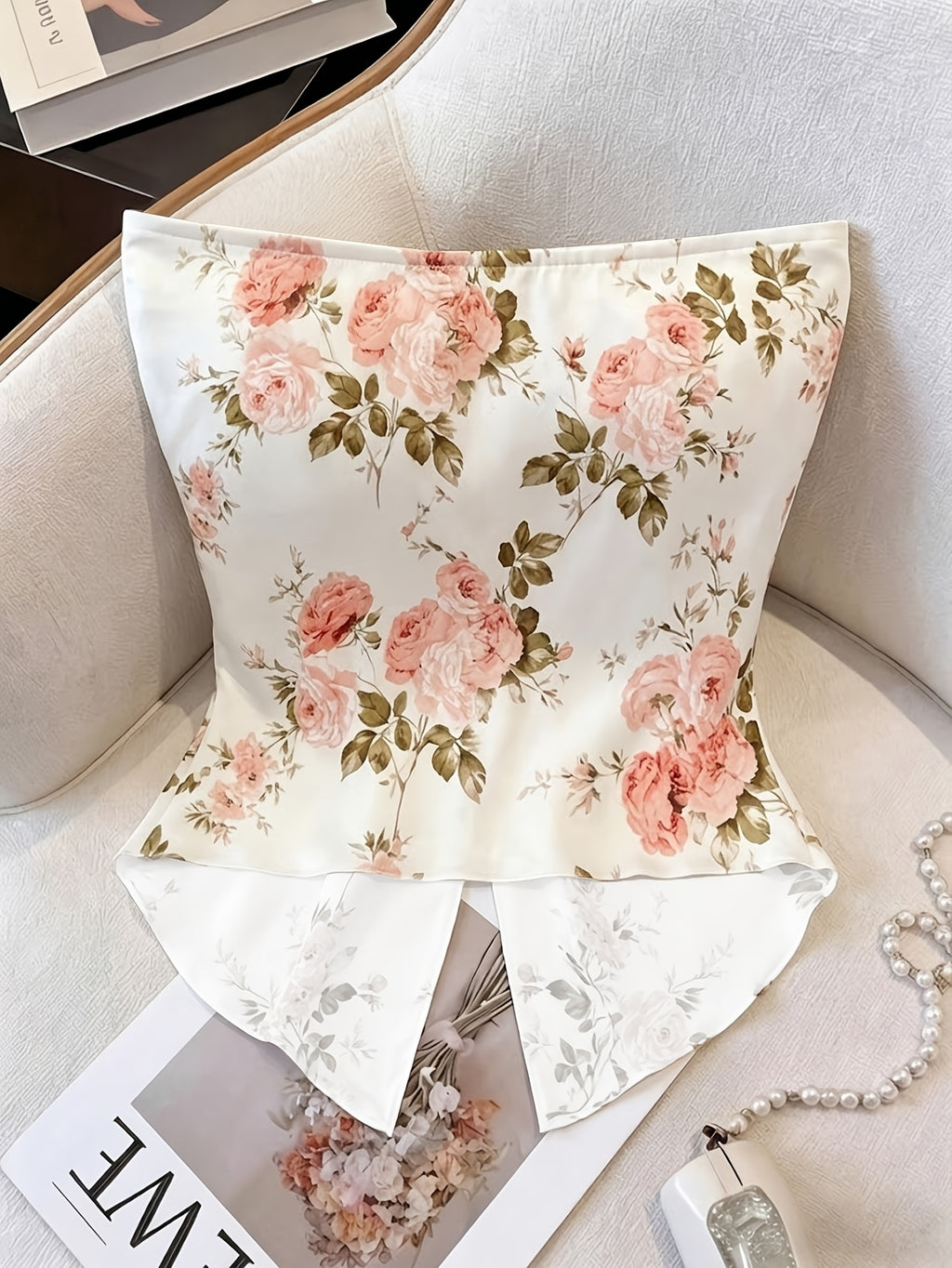 Women's New Vintage Fashion Casual Elegant French-Style Romantic Twist Knot Design Bandeau Vacation Top - Pink White