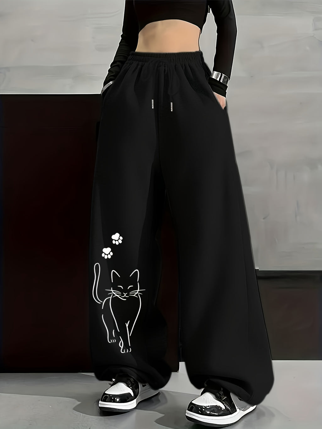 Autumn And Winter Fashion Casual Women'S Fleece-Lined Trousers, Solid Color Drawstring Waist Trousers, Casual Loose-Fitting Sweatpants, Women'S Fashion - Black