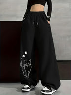 Autumn And Winter Fashion Casual Women'S Fleece-Lined Trousers, Solid Color Drawstring Waist Trousers, Casual Loose-Fitting Sweatpants, Women'S Fashion - Black