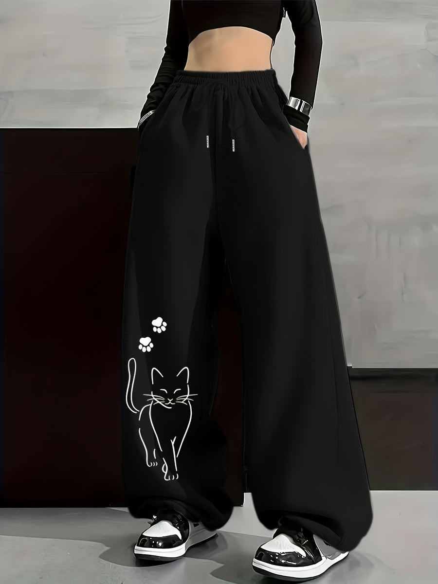 Autumn And Winter Fashion Casual Women'S Fleece-Lined Trousers, Solid Color Drawstring Waist Trousers, Casual Loose-Fitting Sweatpants, Women'S Fashion - Black