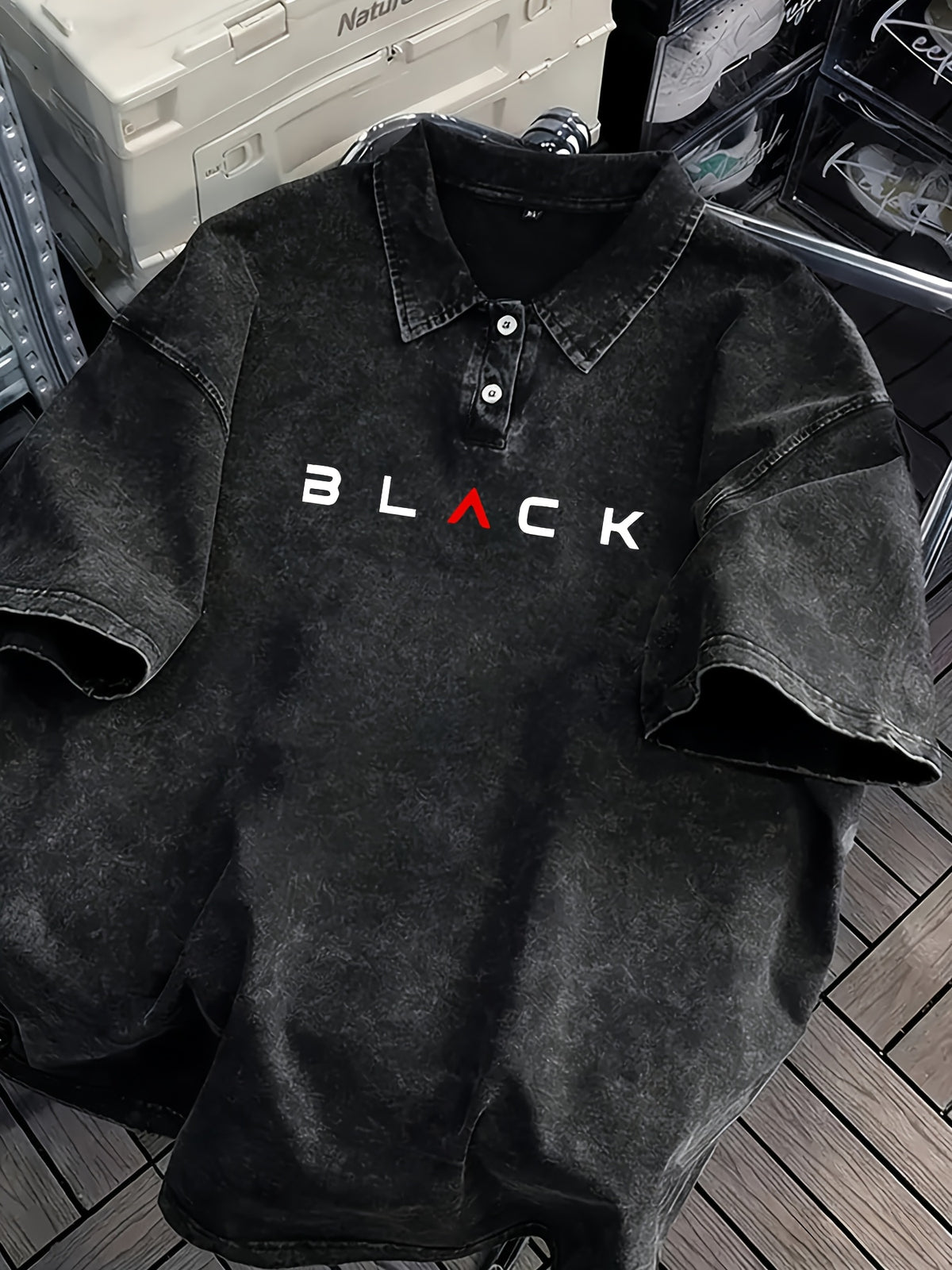 BLACK Print Men'S 100% Washed Solid Color Lapel Shirt Short Sleeve T-Shirt - Retro Distressed Design, Lightweight And Breathable Fabric, Streetwear Trendy Loose Top, Suitable for Casual Wear And Layering - Black