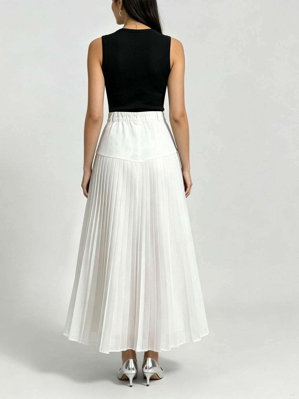 [Printed Skirt - Not Faux Denim Fabric]Temperament Commuter Imitation Faux Denim Patchwork Half Skirt, High-Waist Mesh Pleated Flared Long Dress Spring Summer Versatile Style Kydx - White