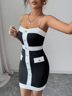 Women' Off-Shoulder/ Neck Mini Dress with Chain Strap & Golden Button Fake Pocket - Black/White Color Block Short Dress Suitable for Party, Club, Date Night Outfits, Machine Washable Short Dress - Black