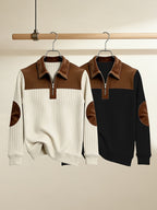 Men's Casual Long Sleeve Lapel Pullover with Patchwork Half-Zip Design, Two-pc, Multiple Colors Available, Men's Outdoor Casual Wear Suitable for Outdoor Sports and Vintage Casual Styling - Apricot+Black