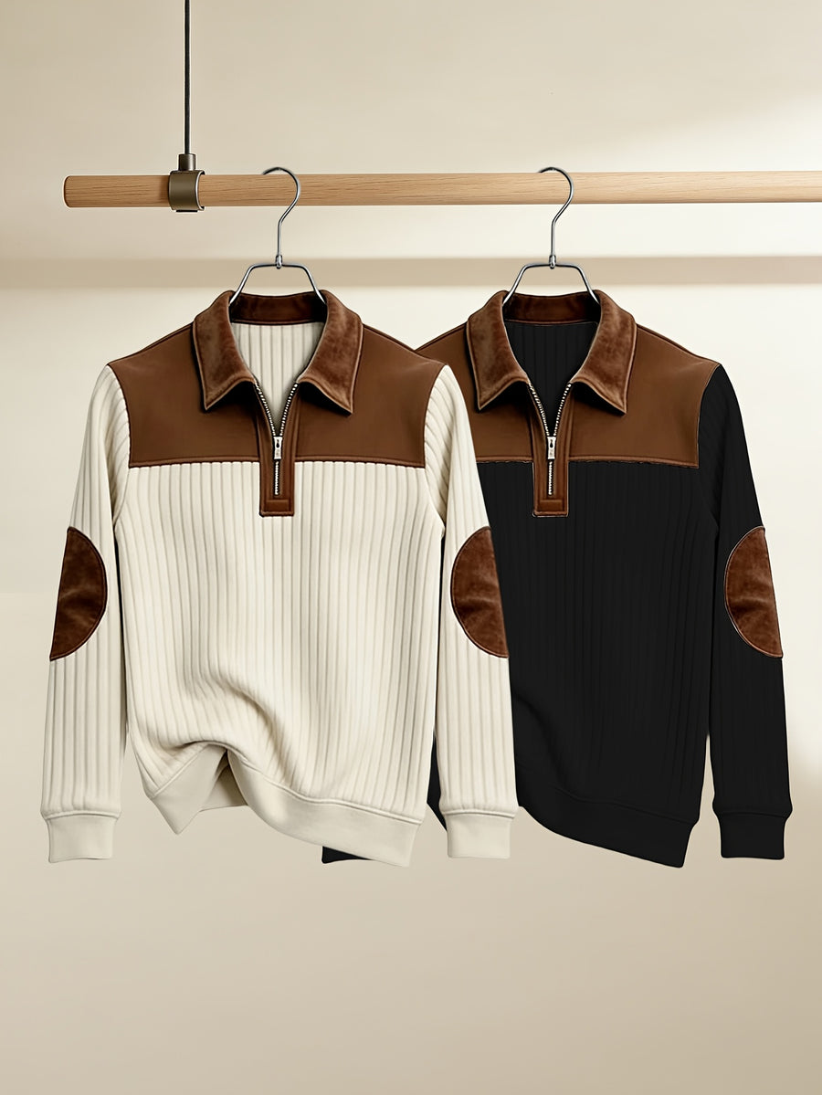 Men's Casual Long Sleeve Lapel Pullover with Patchwork Half-Zip Design, Two-pc, Multiple Colors Available, Men's Outdoor Casual Wear Suitable for Outdoor Sports and Vintage Casual Styling - Apricot+Black