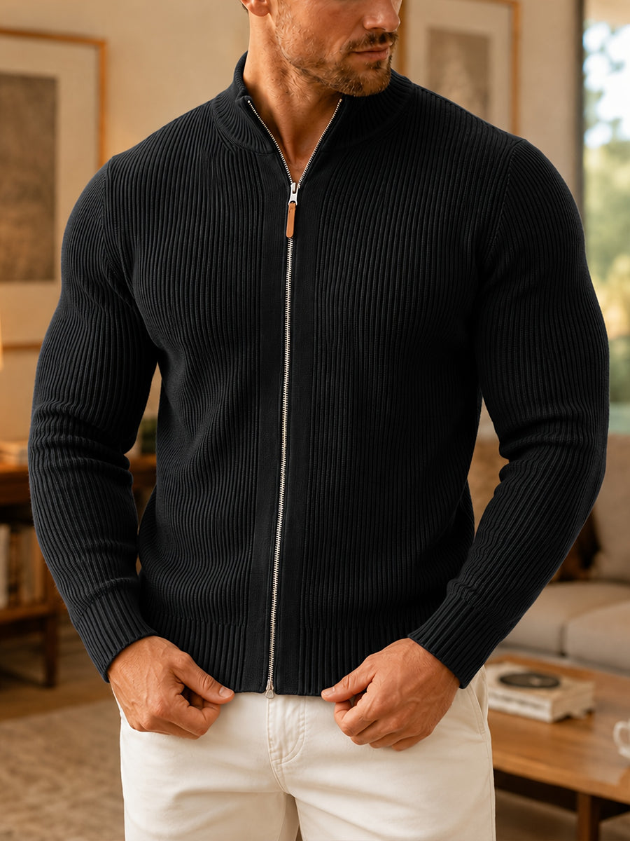 Du Jing Lan OBM Autumn/Winter New Men's Knit Cardigan, Thickened Warm Old Money Style Textured Ribbed Solid Color Double Zipper Open Front Long Sleeve Knit Sweater, Men's Business Casual Daily Basic Knit Base Layer Top, Suitable for Spring and Autumn - Black