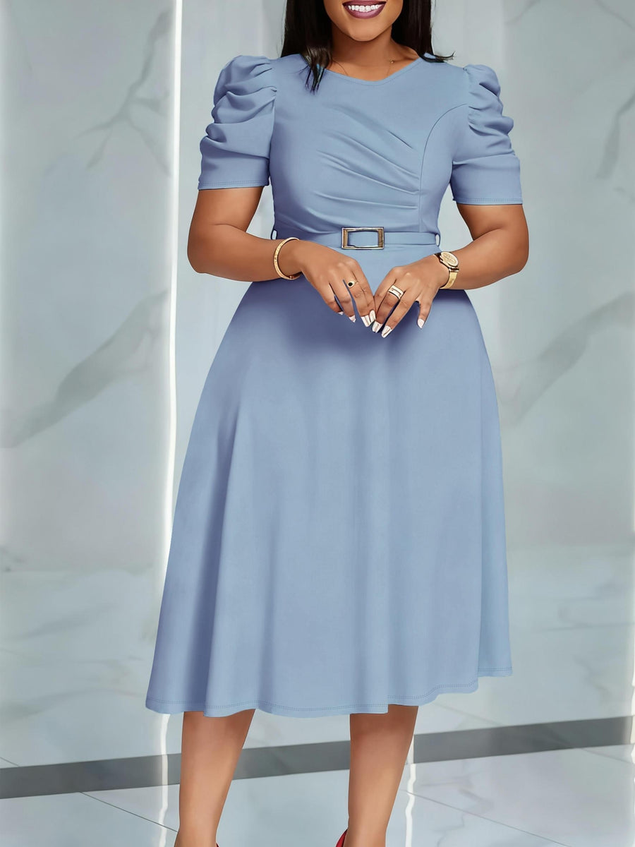 Women'S Elegant V-Neck Ruched Midi Dress, Solid Color Short Sleeve, Waist-Cinching Belt, Flowing Skirt, Perfect Spring Summer Outfit, Adult Fashion, Comfortable Daily Elegant Waist-Cinching Dress, Ruched Detail - Light Blue