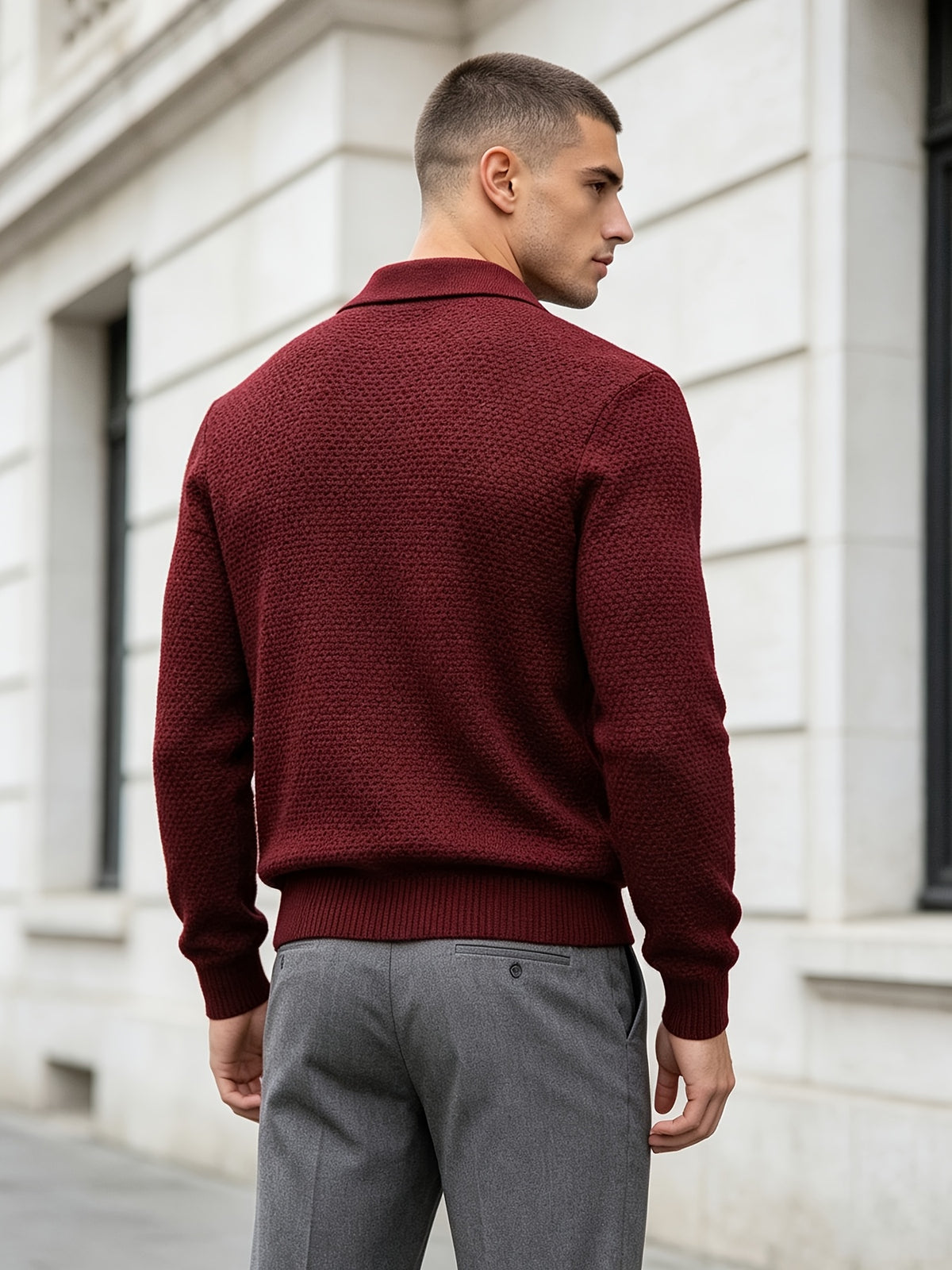 Men'S Business Light Luxury Style Lapel Honeycomb Texture Knit Polo Shirt, Soft Skin-Friendly Knit Fabric, 3D Honeycomb Texture Premium Texture, Slimming And Non-Tight, Long Sleeve Design Easy And Atmospheric Without Extra Logo - Burgundy