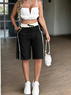 Women's Fashion Casual Pants - Color Block Patchwork High-Waist Straight-Leg Cropped Shorts - Black