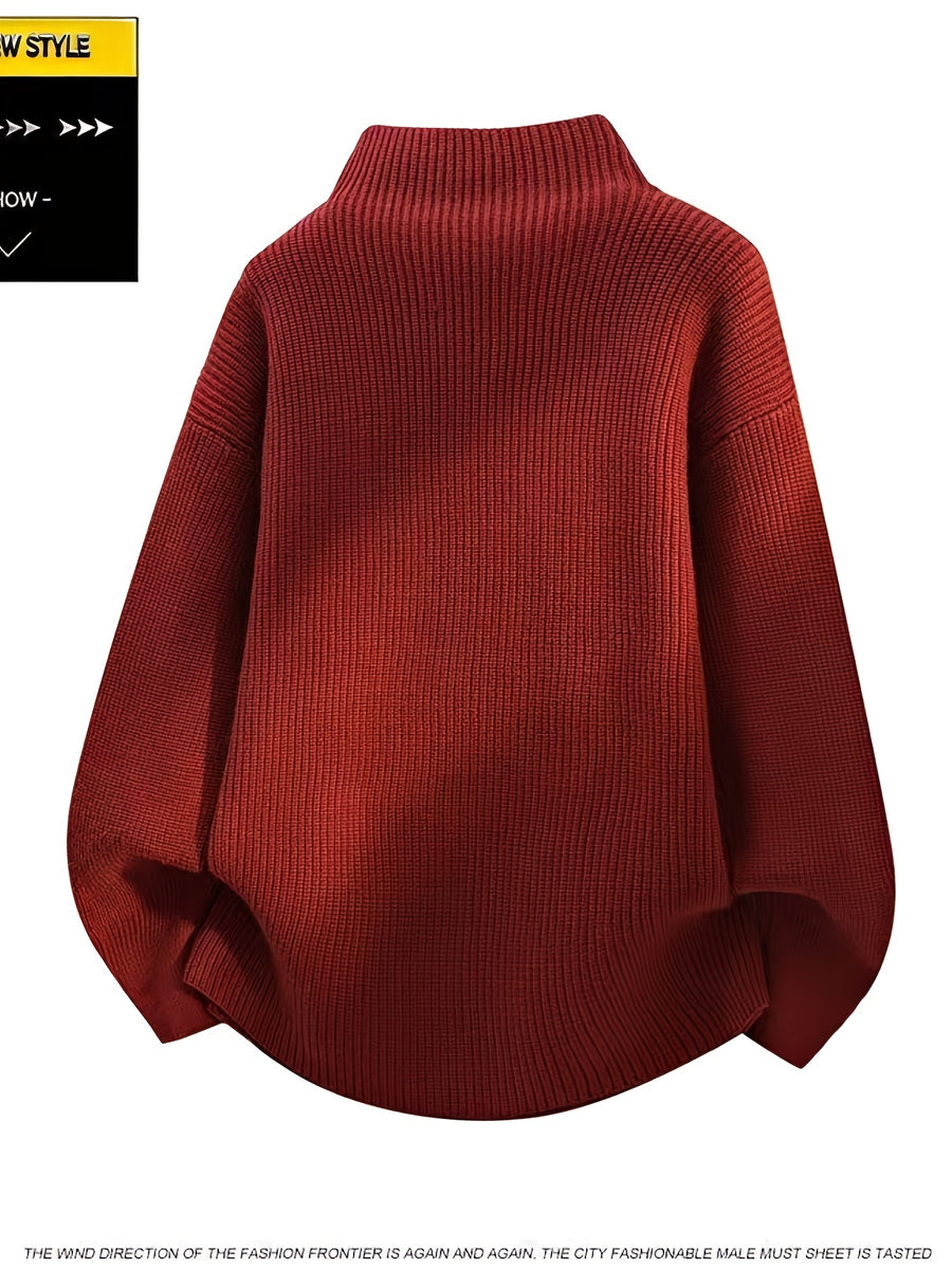 Halloween, Christmas, Thanksgiving, Pre-heat Single-pc Youth Men's Acrylic Knit Cardigan with Irregular Diagonal Zipper, Available in Red, Gray, and Black, Vintage Solid Color Stand-Up Collar Loose Fit Thickened Sweater Coat, Two Collar Style - Red
